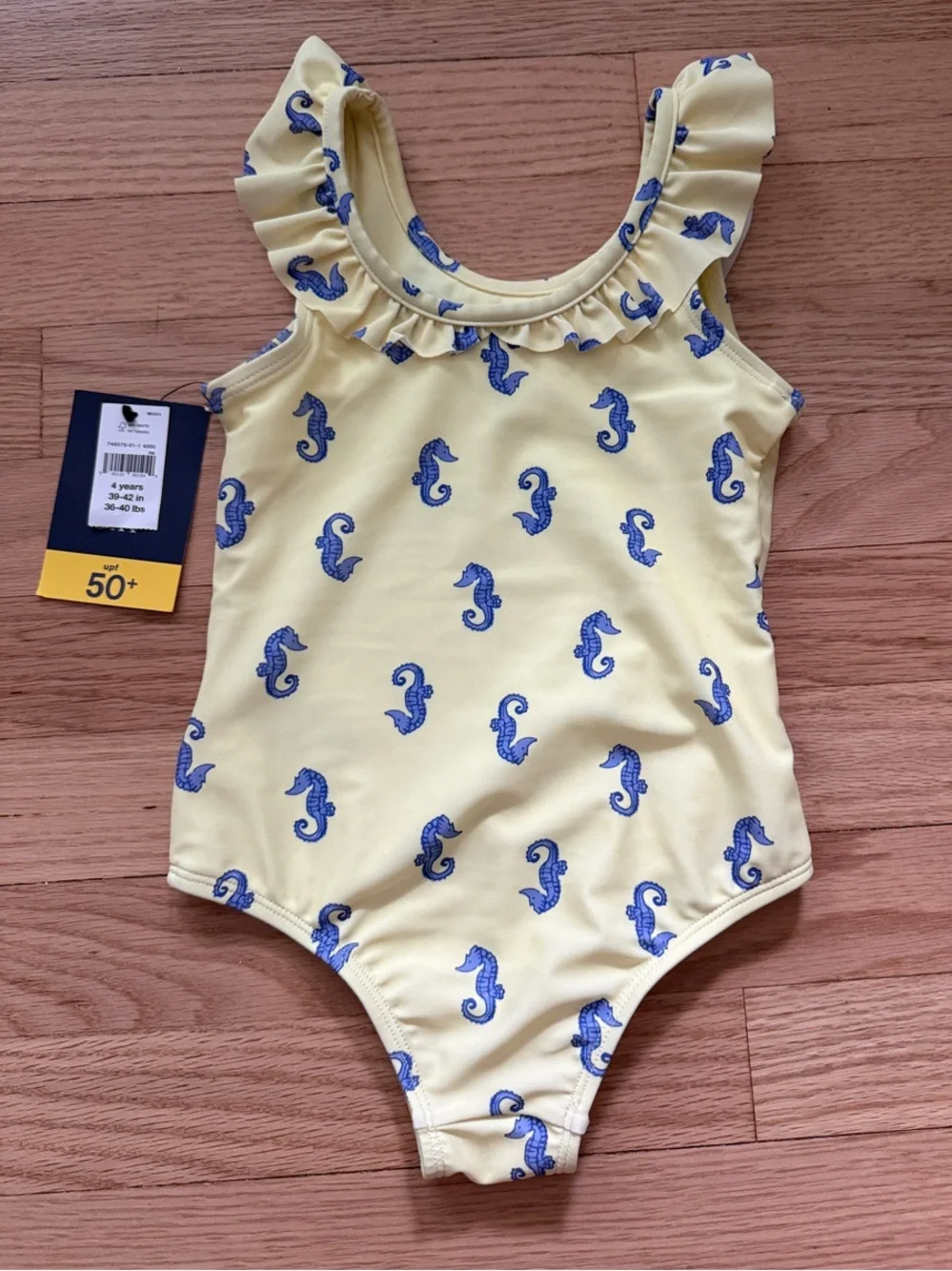 NWT GAP Yellow One-Piece Swimsuit with Blue Seahorse Print and Ruffle